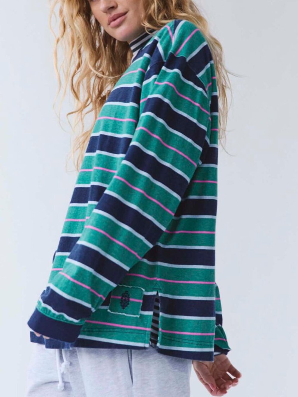 FP Movement Hustler Layer Long Sleeve Navy Green Glow Stripe Size L NWT